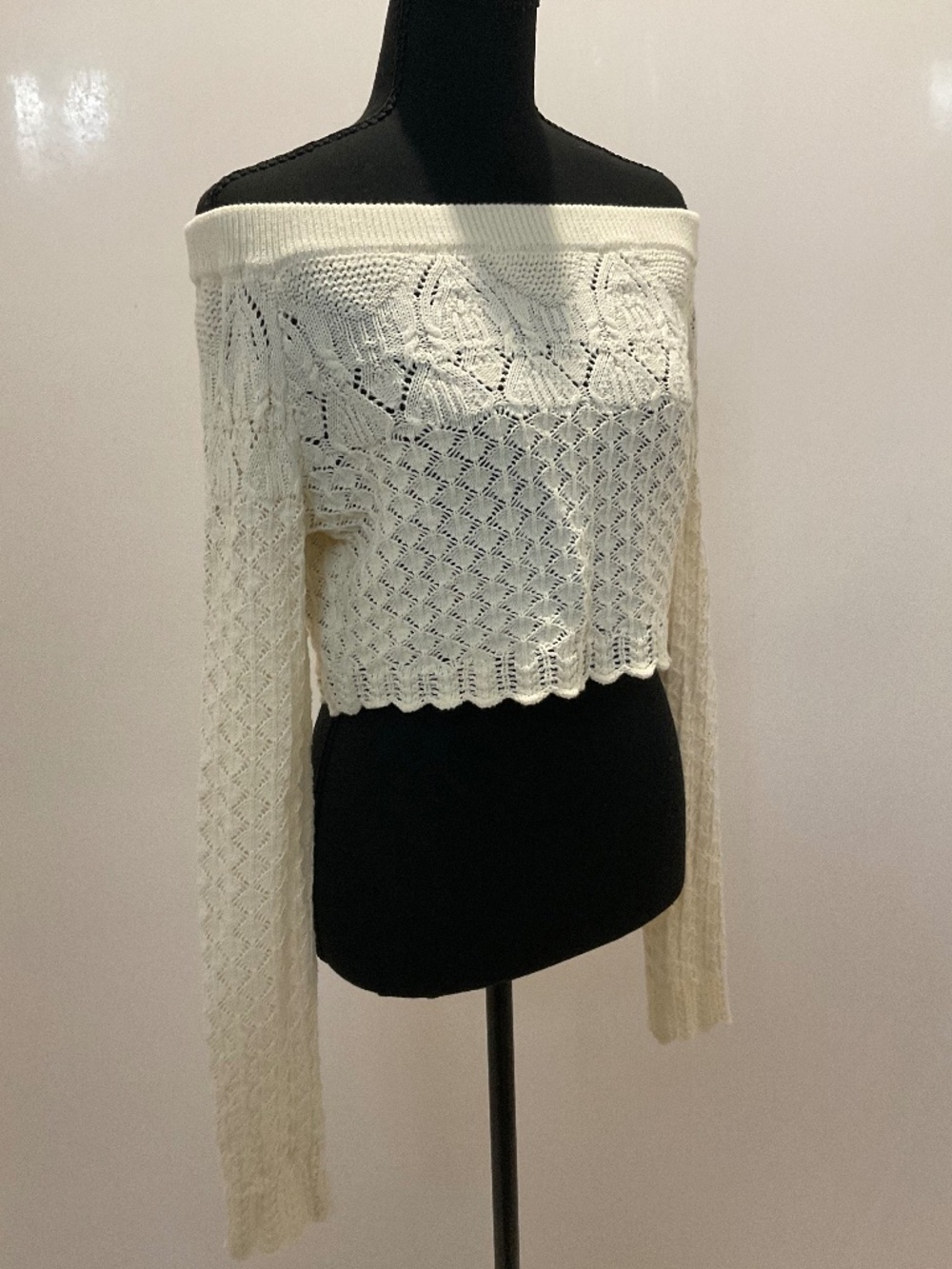 off-the-shoulder open knit cropped sweater by COMMENSE